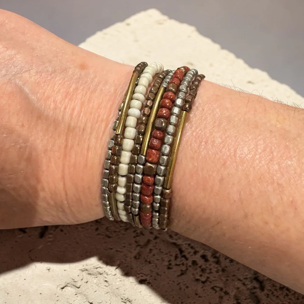 One Piece Continuous Beaded Multi-Row Earth Tone Bangle Bracelet